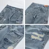 Calças de brim dos homens y2k streetwear buraco rasgado calças de carga baggy homens moda reta azul lavado vintage denim calças ropa hombre 230825