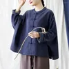 Blouses Femmes Johnature Femmes Style Chinois Chemises Bleu Marine Et Tops Stand Manches Longues Automne 2023 Bouton Vintage