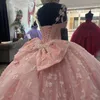 Pink Shiny Spaghetti Strap Princess Quinceanera Dresses 2024 Pärlor Crystal Bow Sweet Lace-Up 16 Dress Vestido de 15 Anos