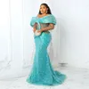 Sky Blue Sequined Evening Dresses Scoop Sheer Neck Long Sleevs Aso Ebi Prom Dress Plus Size Women Party Gowns