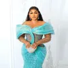 Sky Blue Sequined Evening Dresses Scoop Sheer Neck Long Sleevs Aso Ebi Prom Dress Plus Size Women Party Gowns