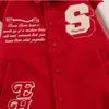 Jaquetas masculinas vintage baseball varsity jaqueta homens mulheres reunidas bordado carta osso retalhos pu couro vermelho oversize casaco outono 230826