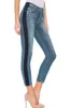 Womens Stretch Denim Jeans with Side Stripes Elastic Waist Slim Fit Cropped Length High-waist Design