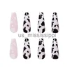 Faux ongles 24pcsset faux ongles longs noir blanc motif de vache cercueil faux ongles avec autocollant acrylique ballerine accessoire d'ongle art conseils complets x0826