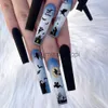 Ложные ногти Хэллоуин Y2K Nails Long Balleerina Fake Nails Нажмите на кончики ногтей с зеленым призрачным дизайном черепа.