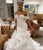 Gorgeous Plus Size Mermaid Organza Wedding Dresses Bridal Gowns Court Train Off Shoulder Beaded Tiered Ruffles robe de mariee Second Reception Dress