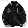 Spring Fall Stitching Leather Sleeve Bomber Jacket Letter Embroidered Black Baseball Uniform Men Women Couple Casual Streetwear Q230826