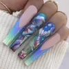 False Nails Wearable Manicure Long Water Pipe Fake Nails Funky Square Head Halloween Press on Nails Full Cover Long Length Nail Tips Girl x0826