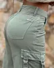 Pantalones de mujer s Diseño de bolsillo de carga verde Botón de cintura alta Color sólido 2023 Moda de verano Ropa informal suelta 230826