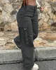 Pantalones de mujer s Diseño de bolsillo de carga verde Botón de cintura alta Color sólido 2023 Moda de verano Ropa informal suelta 230826