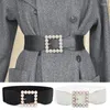 Belts Fashion Large Square Pearl Buckle Women Belt Stretch Dress Coat Waistbands Wide Waist Elastic Corset Cummerbund