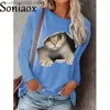 Women's T-Shirt Women Long Sleeve Casual T-Shirt 2021 New Autumn O-Neck Printed Loose Tops Cartoons Funny Cats T-Shirt Fashion Lady Streetwear T230826