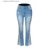 Kvinnors jeans 2023 Stretch Jeans Kvinnor Fashion Leg Side Hole Flash Pants High midja Sexig kant tår ihålig denim street kläder jeans byxor t230826