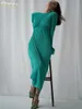 Robes décontractées de base Clacive Fashion O-cou vert bureau robe pour femme 2022 élégante robe mi-longue plissée à manches longues décontractée Ultra mince robe pour femme noire T230825