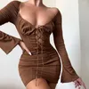 Robes décontractées femmes sexy col en V à manches longues moulante mini robe mode streetwear chic à lacets corset brun fête