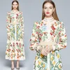 Basic Casual Dresses 2023 Autumn Runway Maxi Dres's Long Sleeve Stand Gorgeous Flower Print Dress Female Buttons up Sashes Holidays 230825