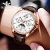 腕時計Ooupinke Men's Watches豪華な自動機械式ワーストウォッチムーンフェーズサファイアマンレザーブレスレット230825の多機能ウォッチ