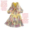 Основные повседневные платья повязка шифоновые женщины длинные цветочные рукавы с плиссированным платье Boho Beach Sexy Wrap Maxi на лето 2023 230826