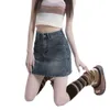 Pocket Design Split Denim Rok Dames Zomer Ins Bag Hip Casual Hoge Taille Een Lijn Half Body Retro