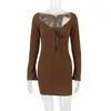 Casual Dresses Women Sexy V Neck Long Sleeve BodyCon Mini Dress Fashion Streetwear Chic Lace Up Corset Brown Party