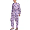 Men's Sleepwear Purple Daisy Pajamas Winter Retro Floral Print Home Men 2 Pieces Graphic Long Sleeve Warm Pajama Sets