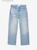 Kvinnors jeans nödställda solida rippade jeans 2023 Ny mitt i midjan Slim Streetwear Vintage Straight Denim Pant Women Fashion Simple Pocket Trouser T230826