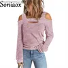 Kvinnors t-shirt 2022 Summer Fashion Top Women Casual Solid Color Off Shoulder Loose Long-Sleeve T-Shirt Cross Square Neck Hollow Out T Shirt T230826