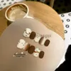 Unghie finte fatte a mano corte quadrate francesi punte per unghie con copertura completa colore caffè arte stampa opaca sulle unghie adesivi con colla gratuita x0826