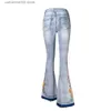 Kadın Kot Boyut S-4XL Elastik Çiçek İşlemeli Flare Jeans Kadınlar Vintage Style Bell Bottom Sıkı Sıkı Sonbahar Kot T230826