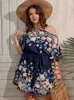 Plus size vestidos finjani feminino floral impressão batwing manga vestido com cinto 2023 moda verão