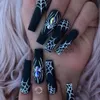 Ложные ногти Хэллоуин Y2K Nails Long Balleerina Fake Nails Нажмите на кончики ногтей с зеленым призрачным дизайном черепа.