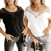 Women's T Shirts Womens Short Sleeve Tops Solid Color Lace Trim Patchwork T-Shirt Casual Tunics Round Neck