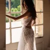 섹시한 환상 홀터 인어 웨딩 드레스 레이스 아플리크 구슬 신부 가운 루치 주름 얇은 색 보헤미안 로브 드 마리에