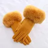 Rękawiczki bez palców żeńskie sztuczne rabatyczne futra zamsz skórzany ekran dotykowy jazda na rękawicy zima ciepłe pluszowe gęste hafty pełne palce cykliczne rękawiczki H92 230826