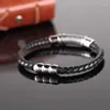 Brazalete Moda Simple Acero Inoxidable Cuerda De Cuero Pulsera Trenzada Personalidad Joyería De Los Hombres