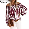 T-shirt da donna sexy con spalle scoperte camicia in chiffon con stampa a righe moda donna mono collo lanterna manica lunga pullover top street vintage camicetta da donna T230826