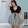 Women's Two Piece Pants Plus Size Sets Skirts Women Fashion Lace Up Crop Top Mini Plaid Skirt Two Piece Suit Solid Uniform Summer Wholesale Drop 230825