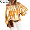 T-shirt da donna sexy con spalle scoperte camicia in chiffon con stampa a righe moda donna mono collo lanterna manica lunga pullover top street vintage camicetta da donna T230826