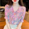 Kadın Bluzları 2023 Yaz Makinesi Nakış Yakası Şifon Gömlek Kısa Kollu Moda Basılı Bluz Genç Bayan Üstleri Blusas Femme