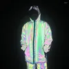 Men's Trench Coats Mid-Length Reflective Windbreaker Coat Hooded Hip Hop Jackets Night Reflect Light Colorful Hoodie