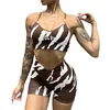 Conjunto DARCSPORT Wolf Head Zebra Pattern Fitness Sports Bra Shorts Mulheres Cintura Alta Nylon