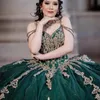 Sparkly Emerald Green Gold Appliques Off The Shoulder Luxury Quinceanera Dress 2024 Ball Gown Charro Mexican Dress vestido de 15