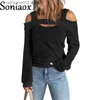 Kvinnors t-shirt 2022 Summer Fashion Top Women Casual Solid Color Off Shoulder Loose Long-Sleeve T-Shirt Cross Square Neck Hollow Out T Shirt T230826