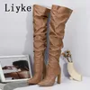 Stövlar Liyke Fashion Design Pleated Leather Over The Knee Boots Sexig Point Toe Zip White High Heels Autumn Winter Women Shoes 230825