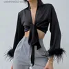 Women's T-Shirt 2023 Women's Elegant Feather Shirt Fashion Spring Satin Lace Bowtie Shirt Women's Long Sleeve Sexy Street Clothing Top Club Suit T230826