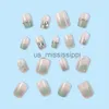 False Nails 24Pcs Fake Nails Press on Nail Green flowers Art Long Tips False Forms with Glue Stick Stickers Reusable Set Acrylic Artificial x0826