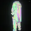 Men's Trench Coats Mid-Length Reflective Windbreaker Coat Hooded Hip Hop Jackets Night Reflect Light Colorful Hoodie