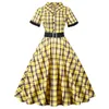 Party Dresses 1950s 60s Retro Hepburn Women's Standing Neck Single Breasted Short Sleeve Checkered Belt Large Swing Dress