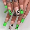 Ложные ногти Хэллоуин Y2K Nails Long Balleerina Fake Nails Нажмите на кончики ногтей с зеленым призрачным дизайном черепа.