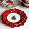 Borden Rood kerstkeramisch servies Wit Kerstpatronen Keramiek Handgestempeld Vakantieontwerp 230825